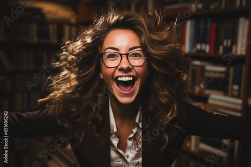 Captivating ecstatic librarian, brimming with joy and exuberance, surrounded by books in a serene library environment - embodying pure bibliophilic rapture. photo