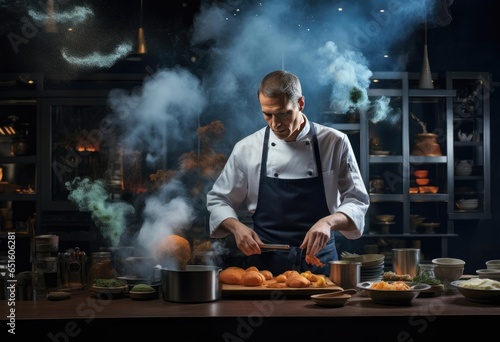The chef prepares the dish