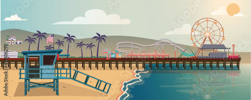 Parallax vector of Santa Monica, California in the United States with lifeguard cabin, beach, pier with an amusement park, hills, palm trees and sun. Vector for background animations, backgrounds.