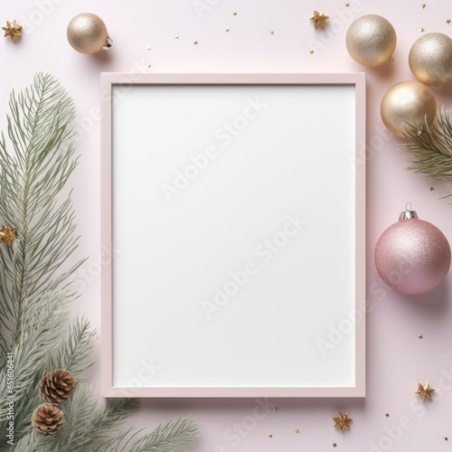 Christmas frame flat lay top view. Holiday Christmas decorations on border frame background with center blank. Frame with New year ornaments.