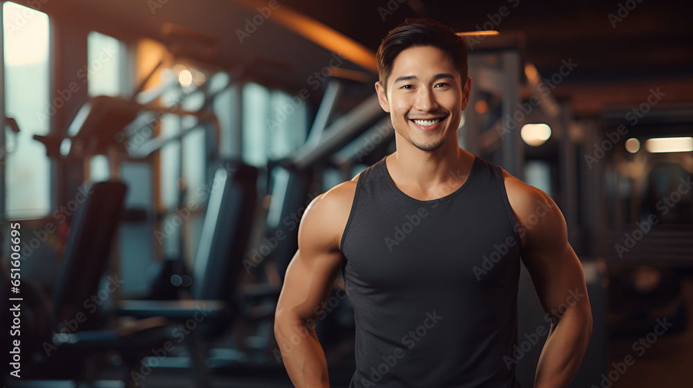 Fototapeta premium Muscular asian man in sportswear, fitness trainer smiling and looking at the camera on the background of the gym. The concept of a healthy lifestyle and sports.