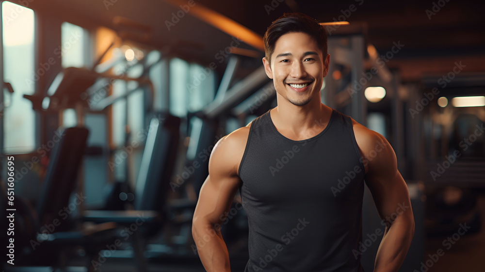  Muscular asian man in sportswear, fitness trainer smiling and looking at the camera on the background of the gym. The concept of a healthy lifestyle and sports.