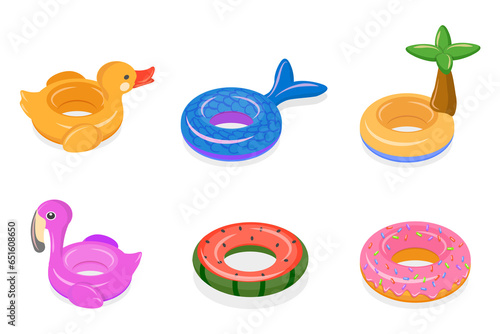 Foto 3D Isometric Flat  Set of Set Of Rubber Rings, Inflatable Swimming Toys