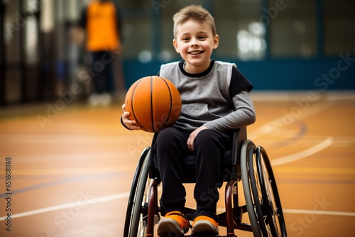 a boy sitting in a black wheelchair with a basket ball in his knees