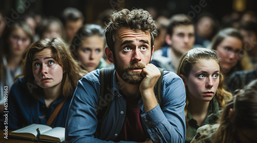 Engaging image of a bewildered student in lecture, surrounded by classmates and a professor giving the coursework seminar. Expresses confusion & education.