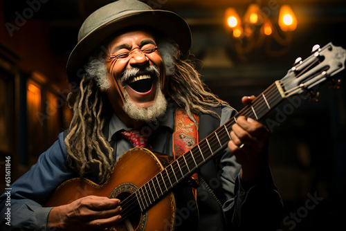 Delightful musician, chuffed and amused with guitar in hand. Captures joyous laughter of guitarist at the peak of entertainment, heartwarming performer moment.