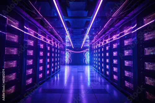 Cyberpunk pink and blue corridor in a server room background.