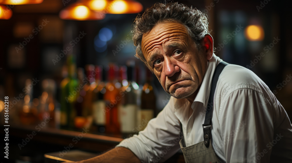 Intriguing regular bar patron, expressing skepticism and suspicion on a bar stool. Emoting doubt and wariness, draws an engaging scene of uncertainty.