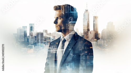 double exposure of businessman portrait and city buildings on white background