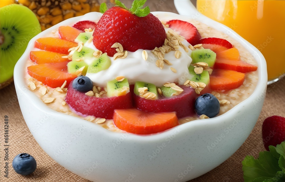 Oatmeal with fuits in a bowl for breakfast in the table, Diet oat with nuts healthy fit for loss weight Oatmeal with fuits in a bowl for breakfast in the table, Diet oat with nuts healthy fit for loss weight