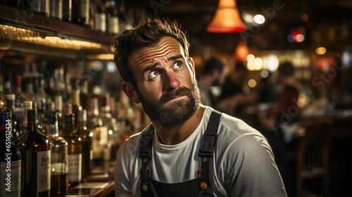 Engaging image depicting a dubious regular patron expressing skepticism while seated on a bar stool in a tavern, exuding an air of suspicion and disbelief.
