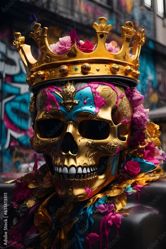 featuring a skull face adorned with a golden crown