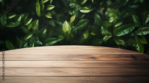 Abstract natural wood table with leaves in the park