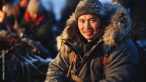 Striking image of a confident Inuit fisherman displaying pride and satisfaction, his grin reveals optimism amid icy Greenland environment with fishing net in hand.