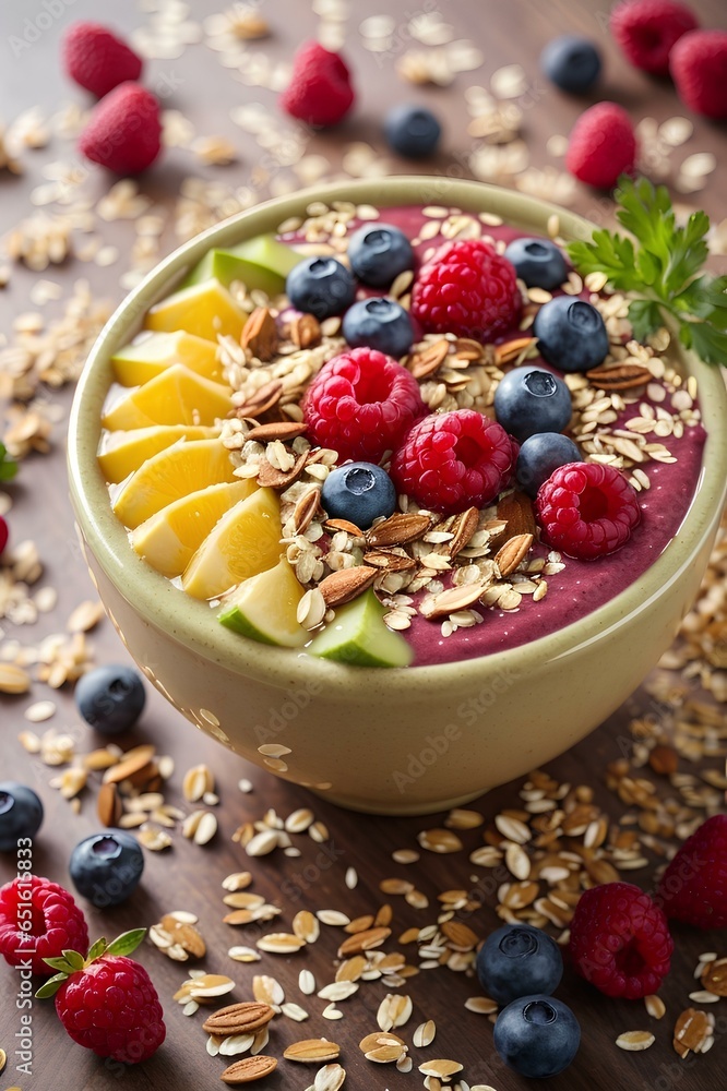 Oatmeal with fuits in a bowl for breakfast in the table, Diet oat with nuts healthy fit for loss weight Oatmeal with fuits in a bowl for breakfast in the table, Diet oat with nuts healthy fit for loss weight
