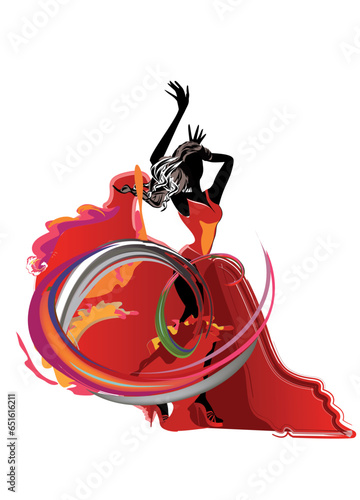 Beautiful romantic dancer in passionate Latin American dances. Salsa festival. Hand drawn poster background.