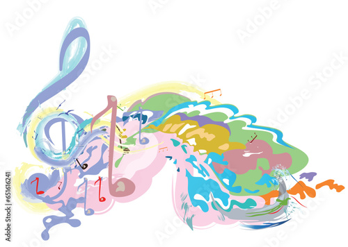 Abstract musical design with a treble clef and colorful splashes, notes and waves.  Colorful treble clef. Hand drawn vector illustration.