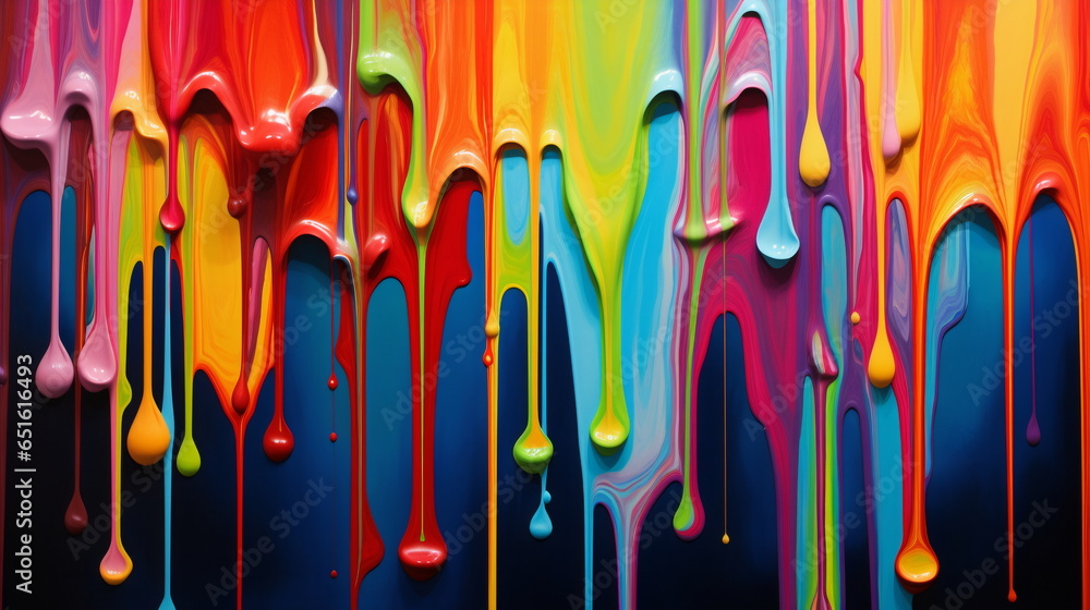 Dynamic Composition: Colorful Paint Drips in Hyper-Detailed Neo-Plasticist Style. Evoking Dramatic Realism with Saturated Colors and Spray Painted Realism. The Artwork Showcases Hyper-Realistic Oil 