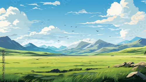 An illustration of the verdant steppe grasslands of Mongolia. The atmosphere of the terrain is wide and fertile.