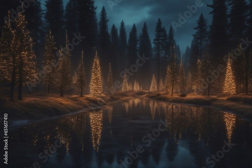 Magical forest with Christmas trees and glowing lights landscape
