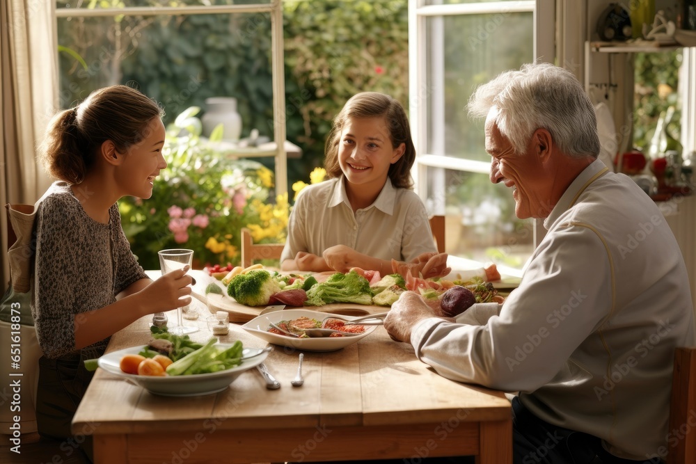 People enjoying a meal together at a table created with Generative AI technology People enjoying a meal together at a table created with Generative AI technology