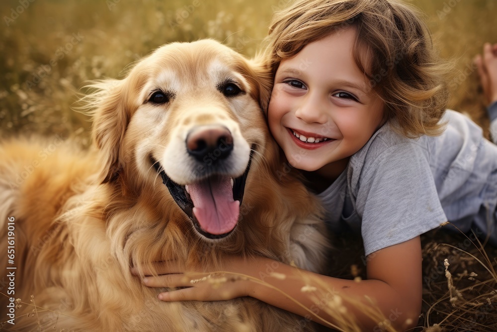 A young girl embracing a golden retriever in a picturesque field created with Generative AI technology