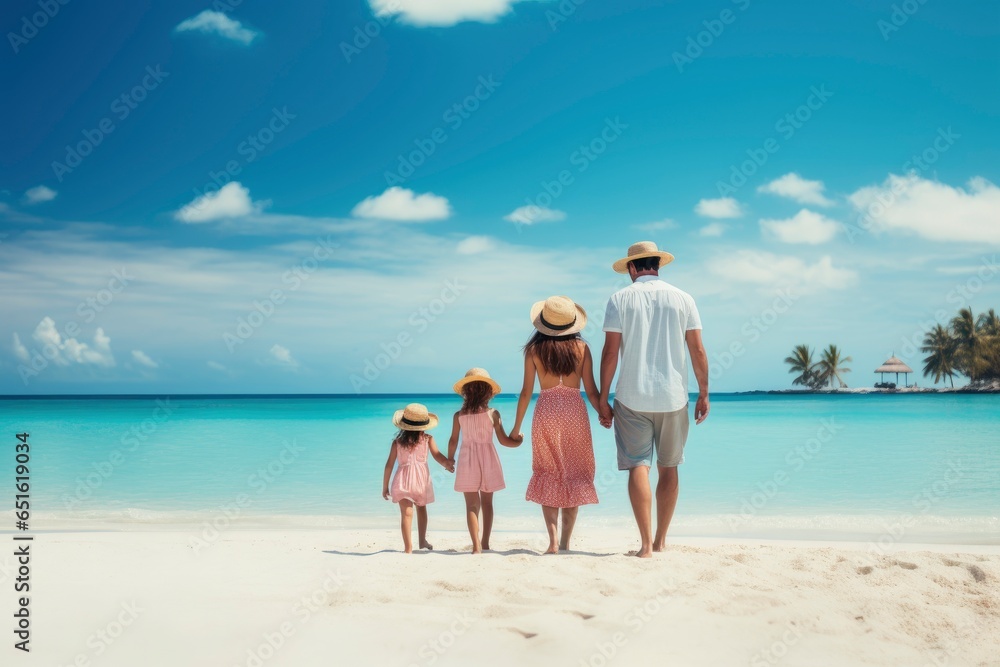 A man and two little girls enjoying a walk on the sandy beach created with Generative AI technology
