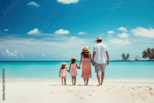 A man and two little girls enjoying a walk on the sandy beach created with Generative AI technology