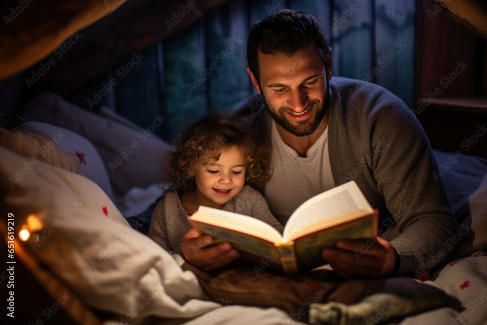 A man reading a bedtime story to a little girl in bed created with Generative AI technology A man reading a bedtime story to a little girl in bed created with Generative AI technology