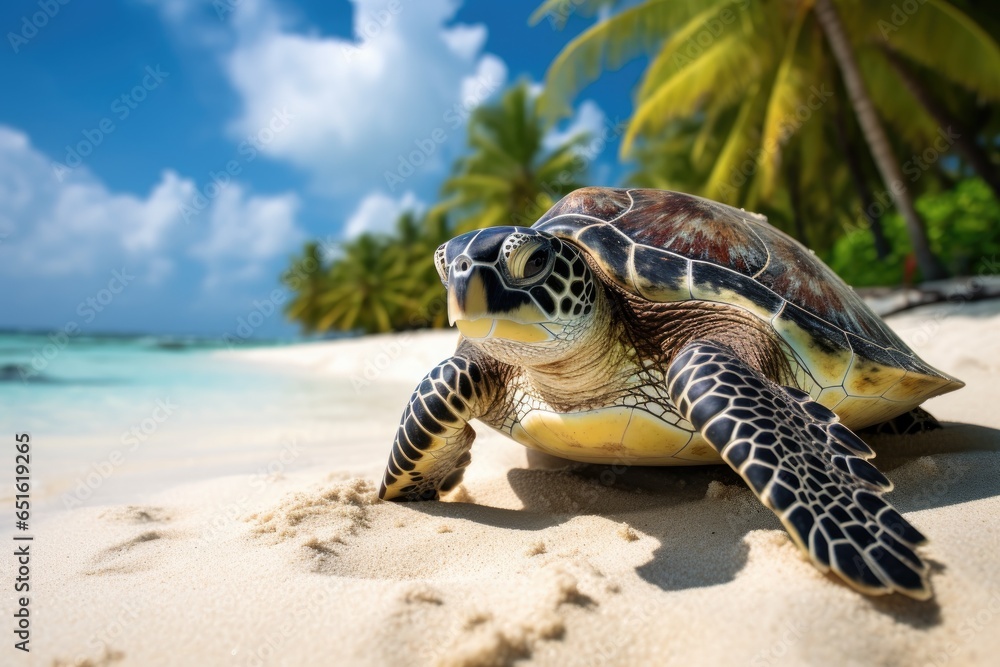 sea turtle  walking on white sand beach, with palm tree  and beautiful sea background in summer