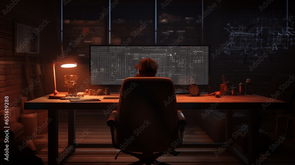  a hyper-realistic scene showcasing a dimly lit room, with a laptop on a wooden table, its blank mockup screen poised for networking, while a programmer works diligently