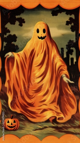 ghost spirit vintage retro book postcard illustration 1950s scary halloween costume smile