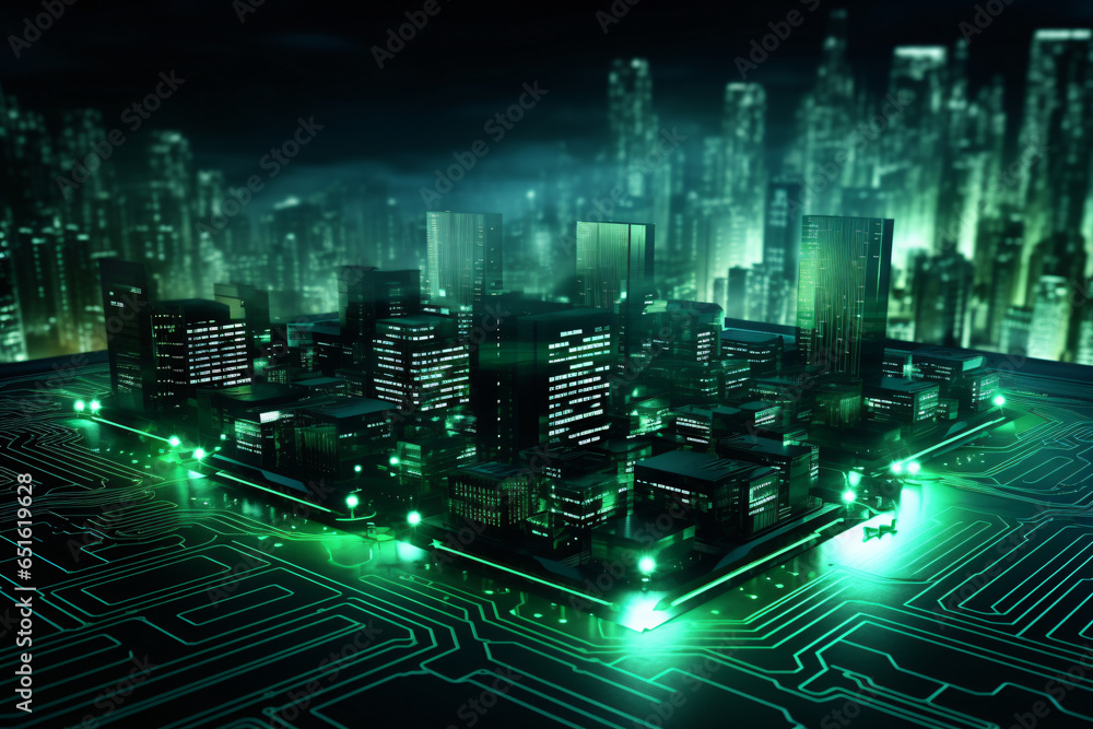 Fototapeta premium modern city buildings on computer motherboard emerald