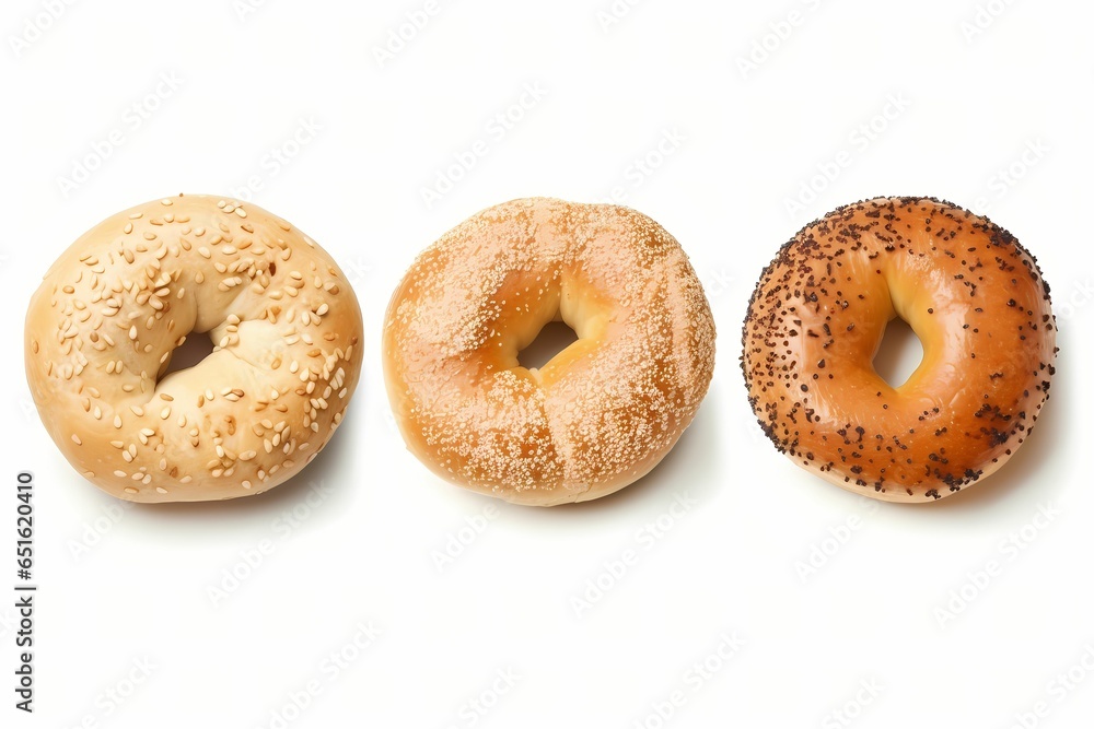 Set of fresh bagels isolated on white background, top view
Set of fresh bagels isolated on white background, top view