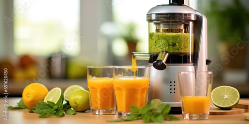 juicer with vegetables and fruits on the table in the home kitchen. healthy eating and self-care. 