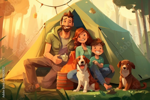 A family enjoying a camping trip with their dog in the great outdoors created with Generative AI technology