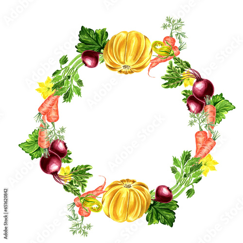 Wreath frame of yellow pumpkin with bright colorful vegetables Watercolor hand drawn illustration isolated on white background for design template, stickers, patterns, packaging, cards, textiles