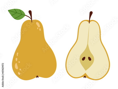 Whole pear with leaf and half pear. Flat vector illustration isolated on white background.