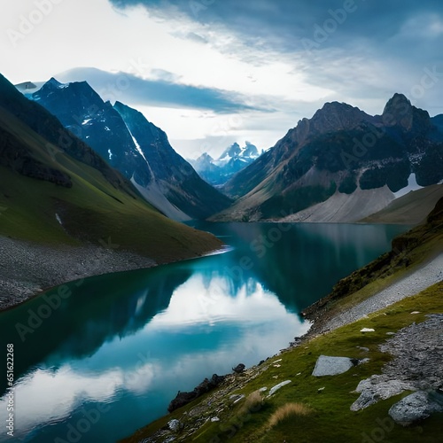  A pristine alpine lake nestled in a valley