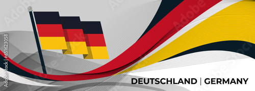 Germany national day banner design. Deutschland German flag theme graphic waves art web background. Abstract pattern, black red yellow. Germany flag corporate geometric spiral vector illustration.
