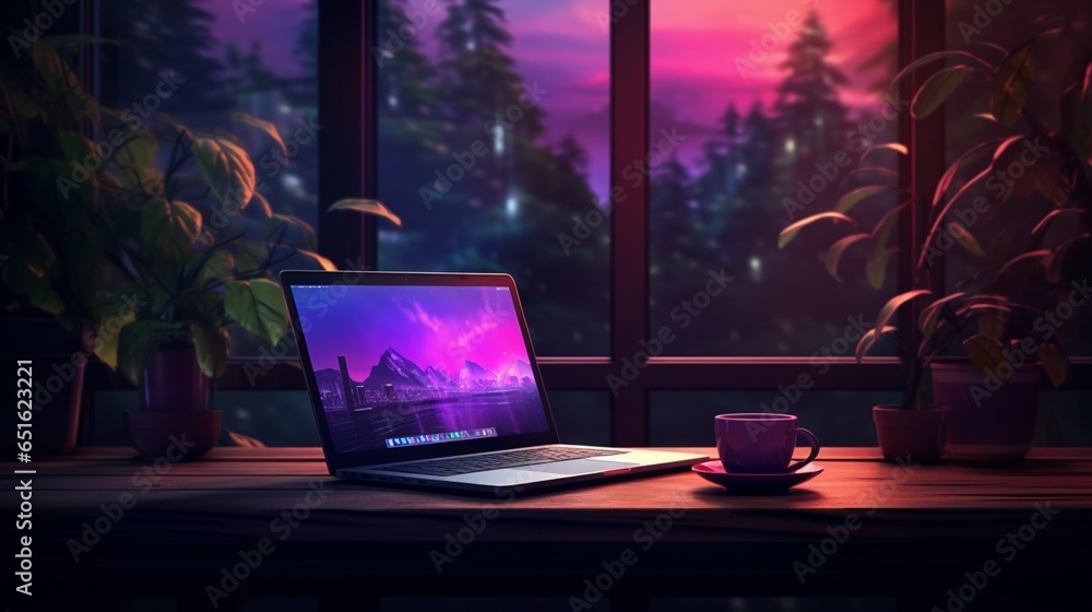 an image of a tranquil nighttime coding environment, with a laptop's blank mockup screen ready for networking, as a dedicated programmer works tirelessly - obrazy, fototapety, plakaty 