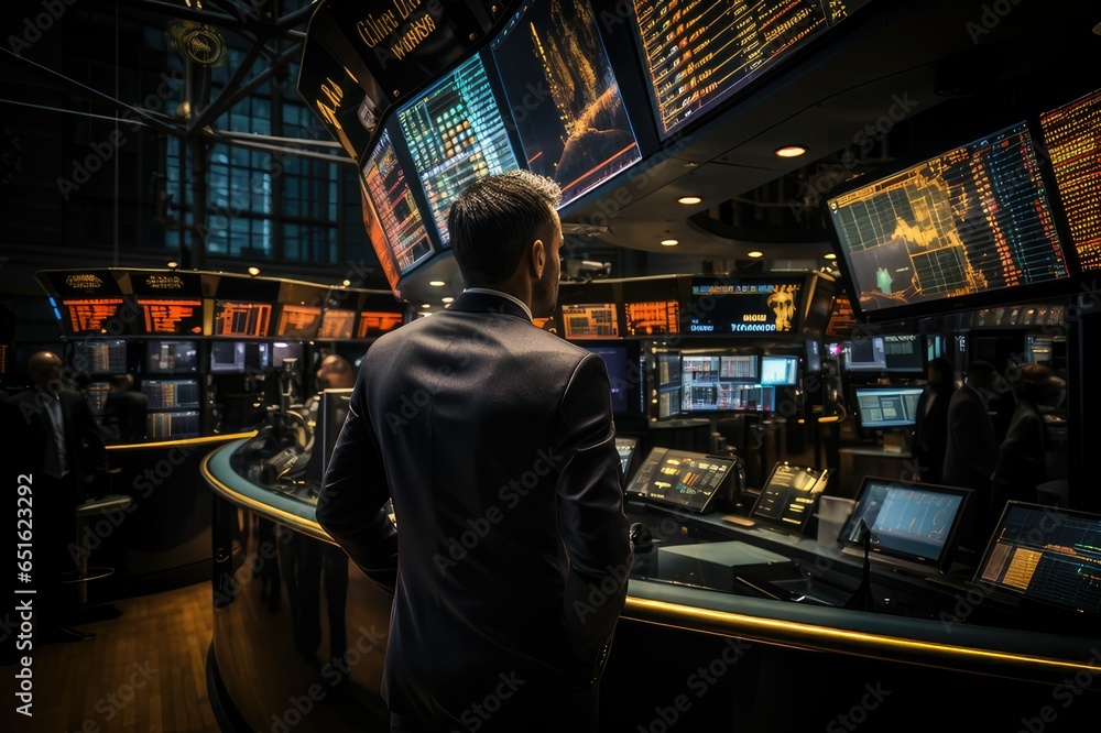 Trading chart illustration, stock market exchange indoor background with workplace full of monitors and displays showing financial data. Business people.