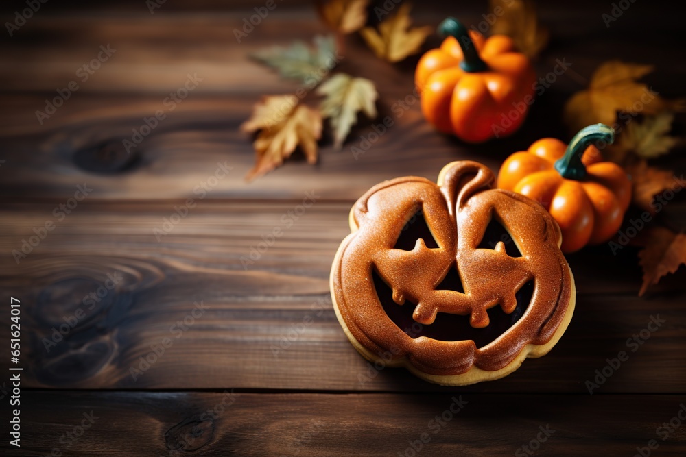 Top view of a cookie shaped as halloween pumpkin , Halloween cookies, Halloween background, Generative Ai Top view of a cookie shaped as halloween pumpkin , Halloween cookies, Halloween background, Generative Ai
