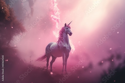 Majestic pink unicorn stands boldly in a dreamy pink landscape, embodying magic, wonder, and fantasy.   © Kishore Newton