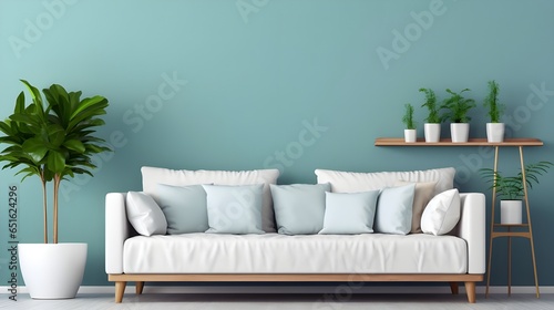 Cozy sofa with white cushions in big wooden pot against teal wall with frame. Minimalist home interior design of modern living room. Generate AI