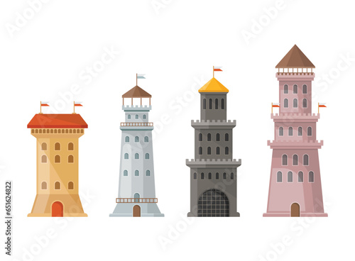 Castle tower icon in flat style. Medieval citadel vector illustration on isolated background. Stronghold building sign business concept.