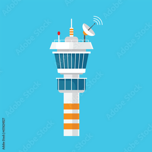 Flight control tower icon in flat style. Navigation monitor vector illustration on isolated background. Airport building sign business concept.