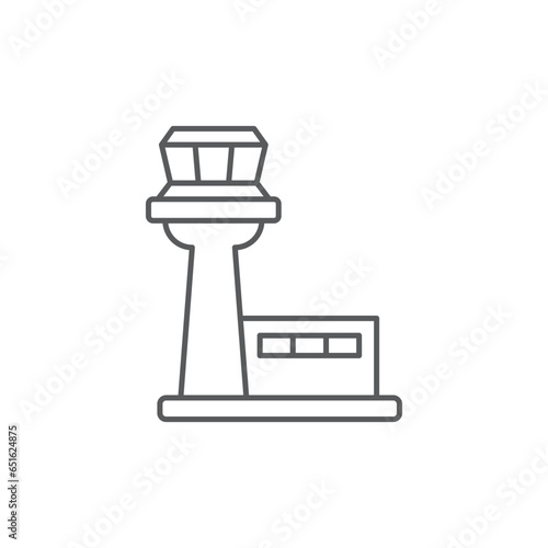 Flight control tower icon in flat style. Navigation monitor vector illustration on isolated background. Airport building sign business concept.