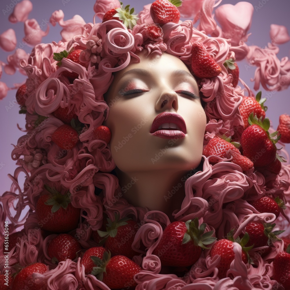 Strawberry fruit yogurt and a girl's face Strawberry fruit yogurt and a girl's face
