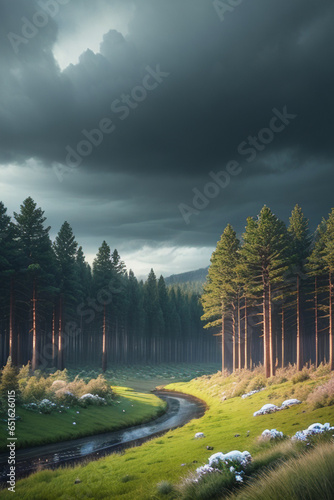 Dark clouds and rever with many Tree in forest landscape photo